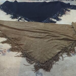 2 wrap /shawls Mackage Black Italian and camel tapestry suede fringe shawl.
